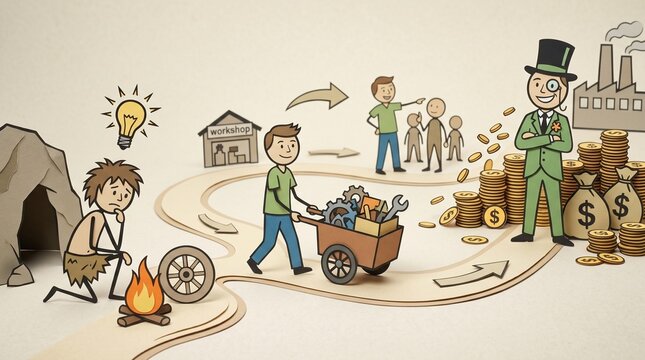 Paper cutouts chart human economic evolution along a winding path, progressing from a caveman with a wheel, to an artisan with tools, managing workers, and a wealthy tycoon.