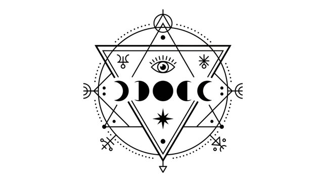 Mystical Sacred Geometry Symbol with All-Seeing Eye and Moon Phases, Esoteric Vector Illustration for Occult and Spiritual Design