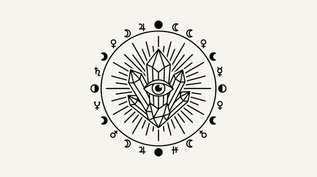 Mystical Crystal Illustration with Third Eye and Astrological Planet Symbols, Esoteric Sacred Geometry Vector Design