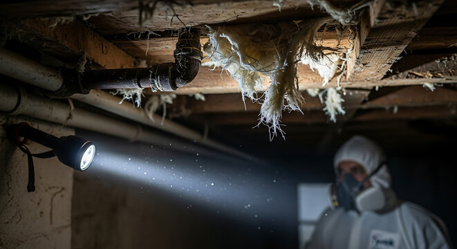 Professional asbestos inspection and remediation specialist in a hazmat suit surveying hazardous fiber insulation in a dark crawlspace with a flashlight beam