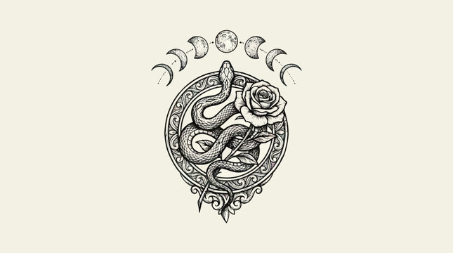 Mystical Serpent Entwined with a Rose Flower and Moon Phases in Vintage Engraving Style