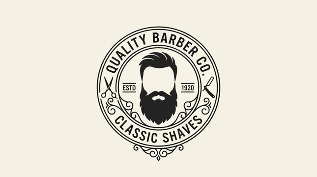 Vintage Barber Shop Logo Design Featuring Bearded Man Silhouette with Scissors and Straight Razor