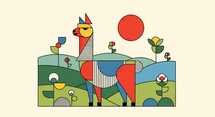 Fototapeta premium Abstract Geometric Llama Illustration in a Stylized Nature Landscape with Flowers and Red Sun