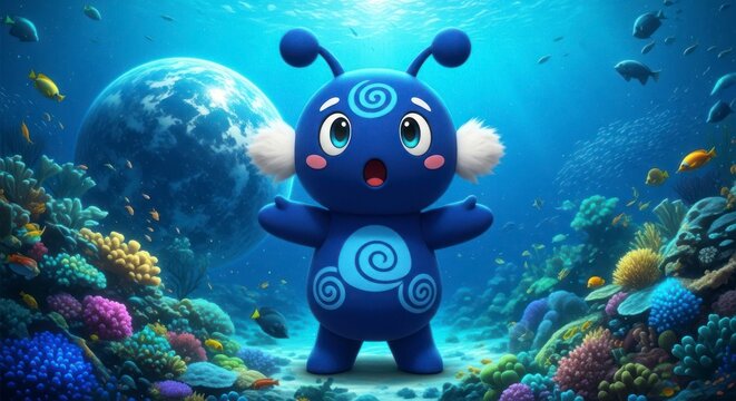Adorable Blue Swirl Creature Amazed by a Luminous Alien Seascape