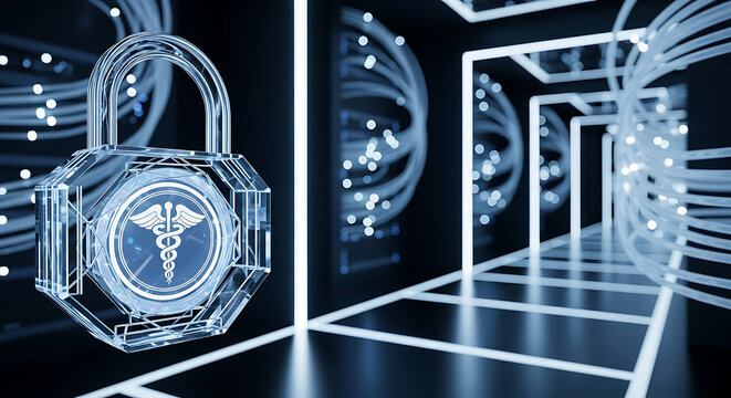 Digital Medical Data Security Concept Featuring a Glowing Padlock with Caduceus Symbol in a Futuristic Server Room for HIPAA Compliance and Privacy