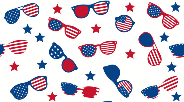 Patriotic pattern featuring American flag sunglasses, stars, and red white blue paint splashes