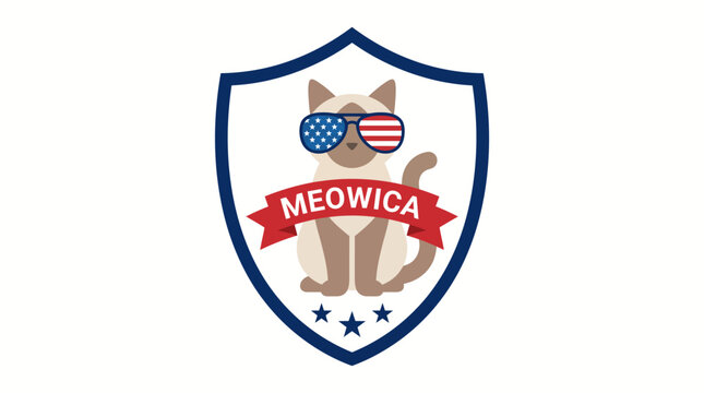 Meowica shield emblem featuring a cat silhouette, patriotic USA flag motif, ribbon banner, and star accents for a playful, patriotic logo