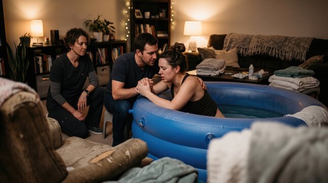 Couple undergoing a home birth with a midwife in a birthing pool.