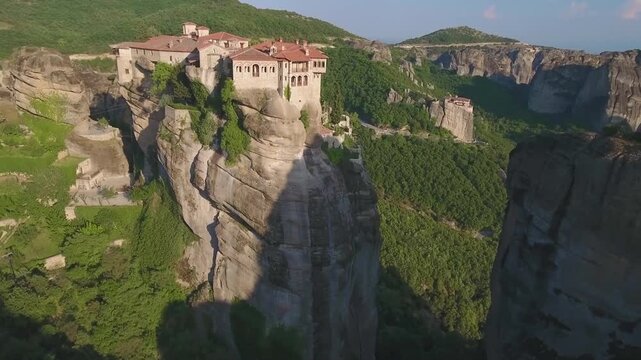     Monastery on Cliff Mountain Landscape Aerial Drone Cinematic Historic Travel Footage