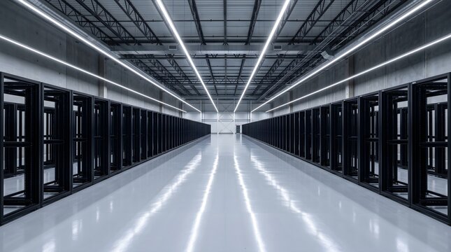 Ultra-Wide Deep One-Point Perspective View of Server Corridor in Modern Data Center Computing Facility