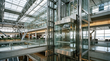 Obraz premium Glass Airport Elevator Rising Through Luminous Atrium with Polished Metal Architectural Details