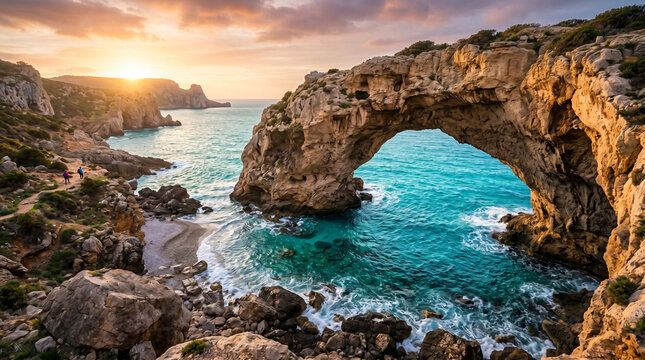 Dramatic Natural Rock Bridge Over Turquoise Sea With Perfect Composition And Light Coastal Photography Scene
