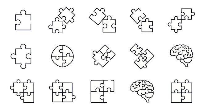 Puzzle Pieces and Brain Icons: Solution, Idea, Logic, Strategy, and Intelligence Concepts