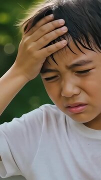 猛暑の屋外で頭を押さえて暑さに耐える汗だくの男の子
