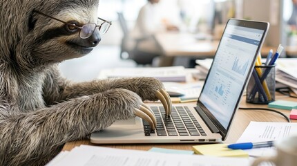 Fototapeta premium Sloth wearing glasses working on a laptop in an office setting