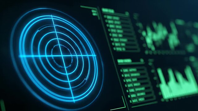 digital radar hud with glowing blue target and green data graphs on dark background.