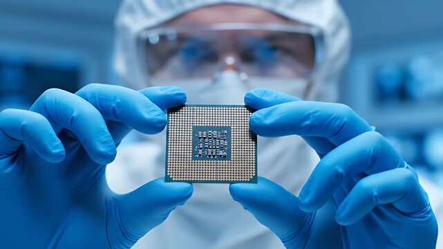 Computer microchip processor held by a scientist in a modern blue cleanroom lab task