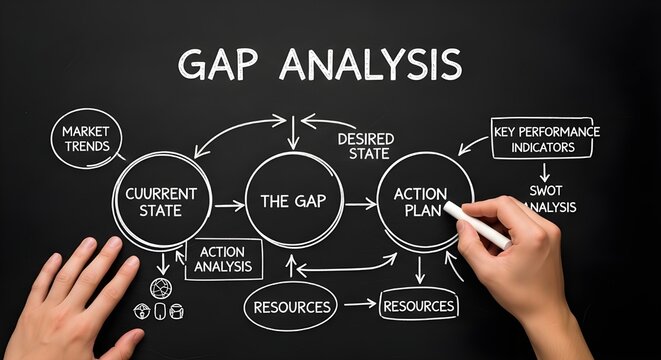 Hands using white chalk to draw a complex gap analysis business diagram on a dark chalkboard to demonstrate strategic planning and organizational process improvement steps clearly.