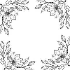Kwadratowa ramka z dużymi kwiatami magnolii w narożnikach – line art, styl botaniczny © Monika