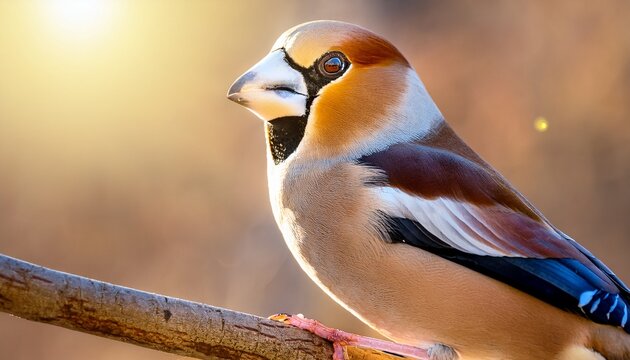 artistic side profile of a hawfinch bird on a branch bright sun highlighting the eye catchlight detailed plumage and big beak with soft bokeh of blurred twigs on a light neutral background