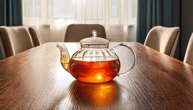 glass teapot on dining table in home interior cozy frontal