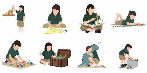 Set of Minimalist Flat Illustrations of a Little Girl Engaging in Various Dinosaur Activities and Playing with Toy Figures © Mariposa1818