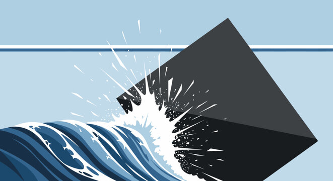 Abstract black cube crashing into ocean wave