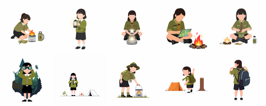 Set of Little Girl Scout Characters Engaged in Various Outdoor Camping and Adventure Activities Illustration