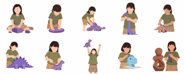 Collection of illustrations featuring a young girl creating various dinosaur sculptures with modeling clay and tools © Pixelora