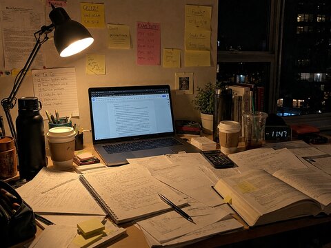 A desk with a laptop and a lamp and papers. 