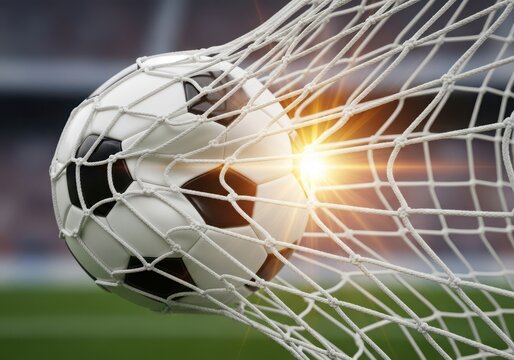 Soccer ball striking the goal net in dramatic slow motion