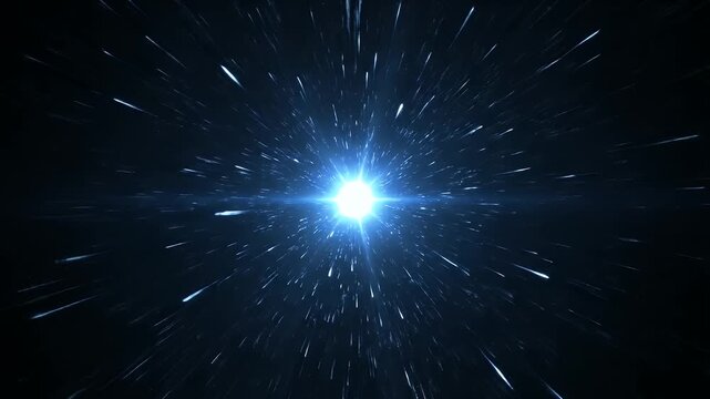 Hyperspace light speed travel in deep space with glowing blue stars and light streak