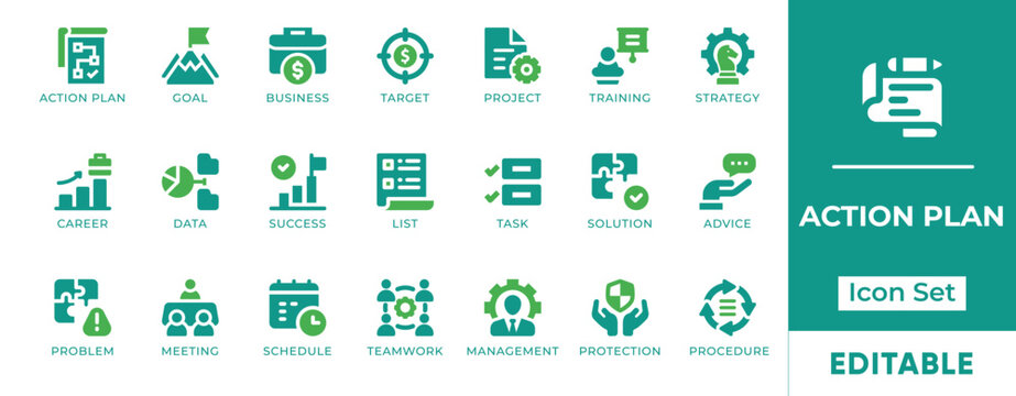 Action Plan Strategy Project Management Roadmap Icon Set - editable vector icons for workflow execution, task checklist, and timeline