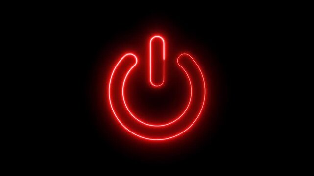 Red neon power button glowing with electric energy on a dark black background visual