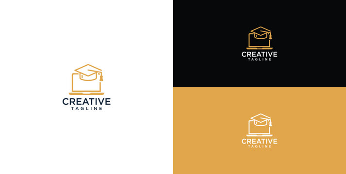 Modern line art logo design concept merging a graduation cap with a laptop, symbolizing innovative digital learning, virtual academic platforms, and the future of educational technology