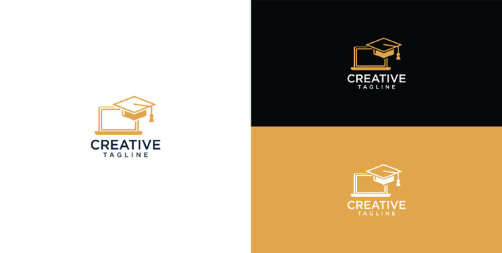 Creative learning online education graduation cap and laptop logo design inspiration for academic success and business growth
