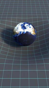 Force of gravity, the mass of the earth warps three-dimensional space. Physics, force of attraction, wire frame, relativity between space and time. Earth map from NASA gov.