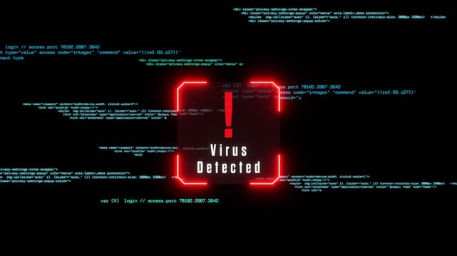 Virus detected warning sign, running source code and computer language, data, computer hacked, cyber crime. Virus warning on the screen, network security, privacy, safety, unauthorized access.