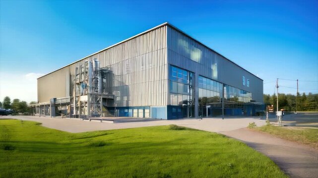 Modern industrial building with metal cladding, glass, and a large grassy area in front