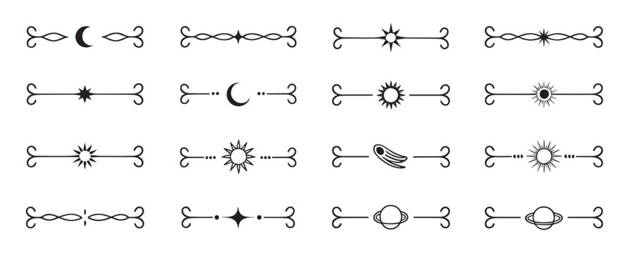 Celestial boho divider set with moon, sun, star, planet, comet and geometric line separators for text decoration and page design elements