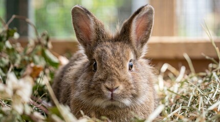 Close up of a cute fluffy brown rabbit with large ears sitting in dry hay and green leaves outdoors in a wooden enclosure © Junior