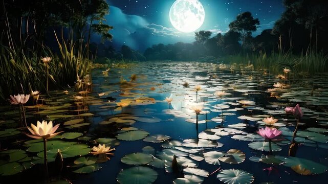 A moonlit pond at night, filled with lily pads and blooming water lilies