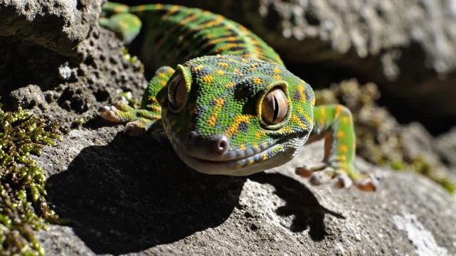 Green and Orange Gecko Crawling on Rocky Surface in Sunlight