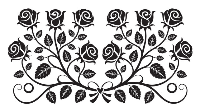 Symmetrical Black Rose Branch Floral Horizontal Banner Wreath Silhouette Classic Vintage Botanical Ornamental Arrangement for Wedding Invitation Header Tattoo Vector