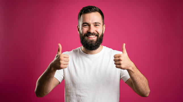Smiling young man with beard in white tee giving confident double thumbs up gesture toward camera against magenta backdrop