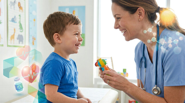 Smiling pediatric RN uses a rainbow rattle to comfort a child in a cheerful clinic with animal posters and soft light ideal for healthcare or family wellness branding.