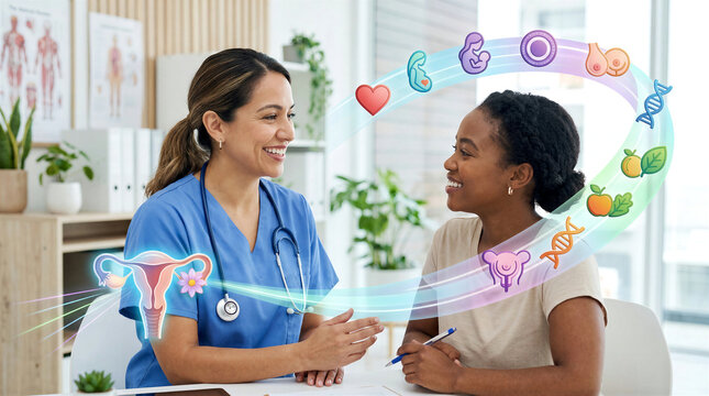 Nurse or doc chats warmly with a patient as glowing health swirl between them &ldquo;lady helper&rdquo; or &ldquo;womb whisperer&rdquo; vibes. Calm, modern, empowering. ovaries, DNA, fruit holistic w