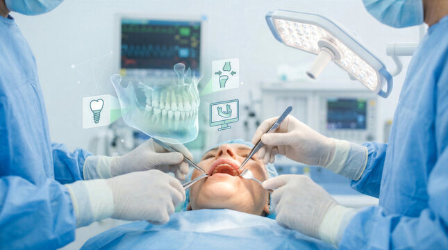 Two dental pros in blue scrubs and gloves work on a patient&rsquo;s jaw under bright lights, using precision tools. A hologram above shows tooth anatomy &ldquo;tooth tech&rdquo; or &ldquo;chomp fix&rdquo; with digital