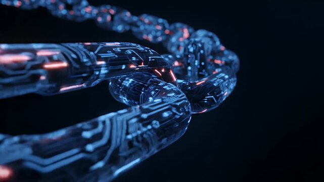 Digital blockchain chain with glowing circuit patterns and data flow on dark backdrop