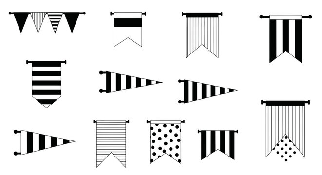 Set of Decorative Pennants and Bunting Flags - Black and White Patterns